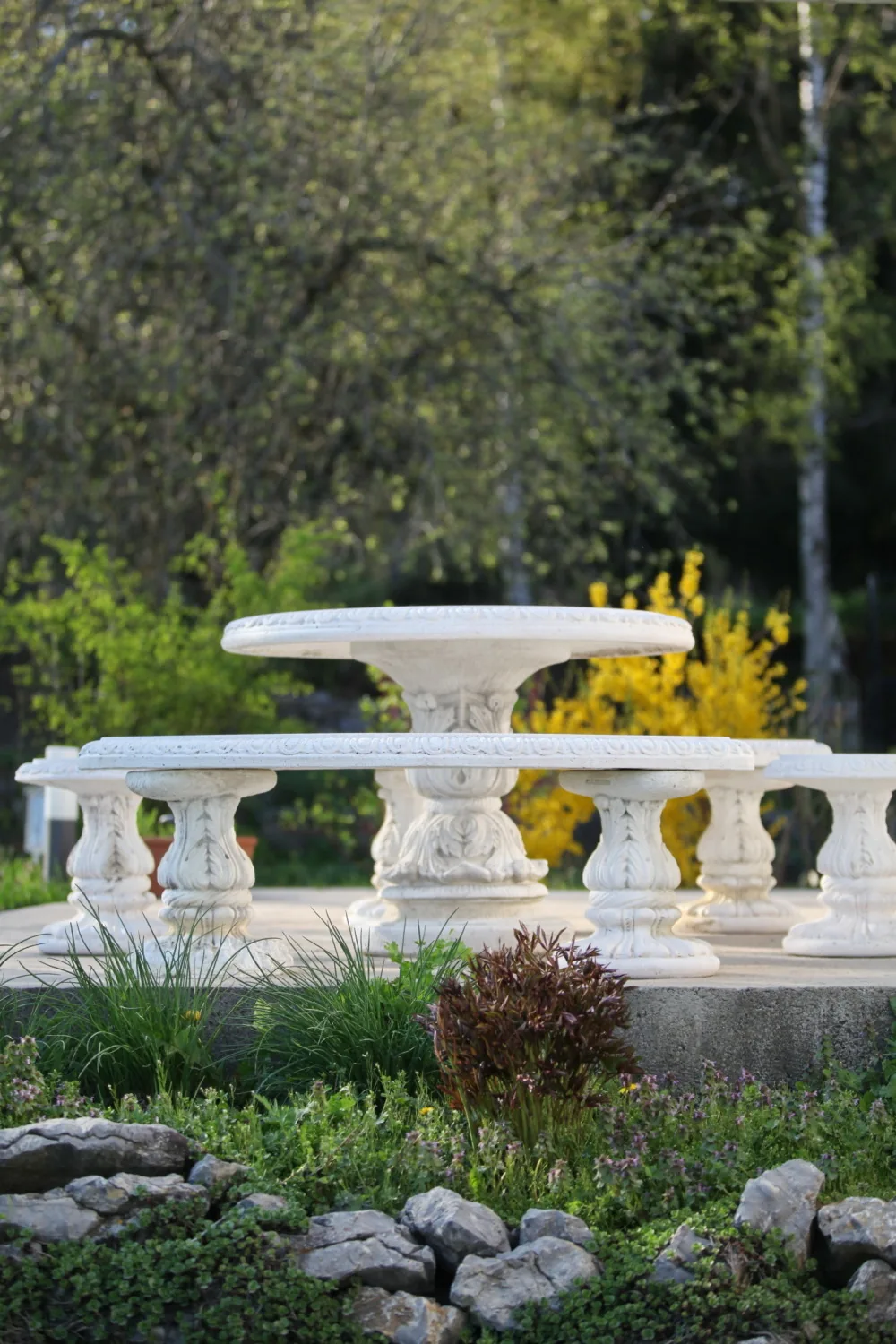 Runder Steintisch mit geschwungenen Steinbänken im Garten, dahinter blühende Forsythien und Birken