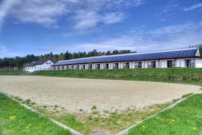 Großer Sandplatz im Freien, dahinter die Boxenreihe mit Solardach und der angrenzende Wald