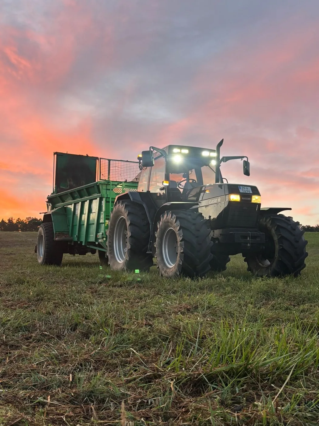 Traktor mit Miststreuer auf der Weide bei rot leuchtendem Abendhimmel